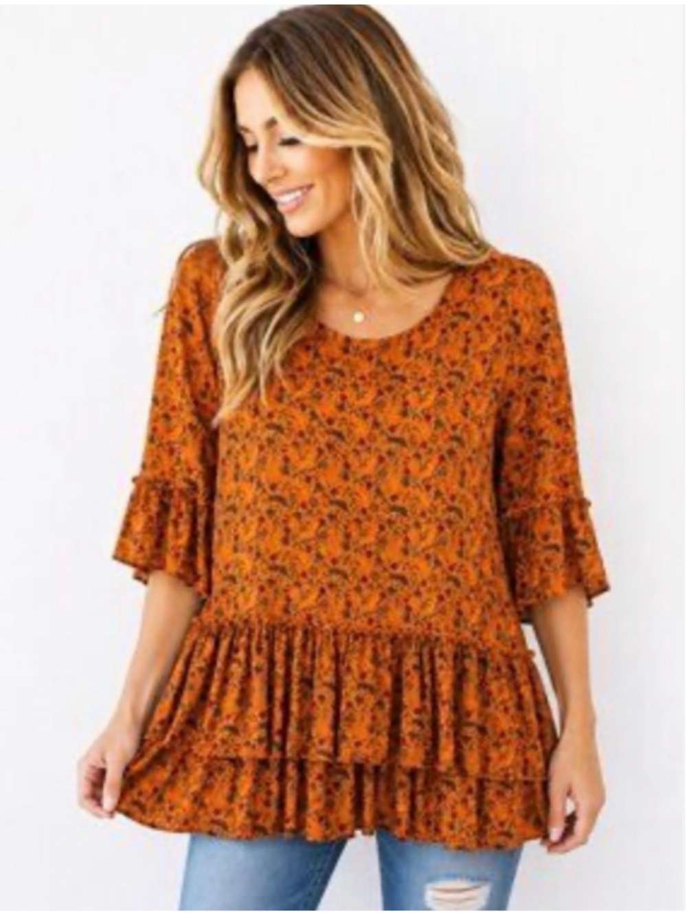 Matilda Jane Floral Ruffled Tiered Layered Peasant Blouse Size Large Orange Boho